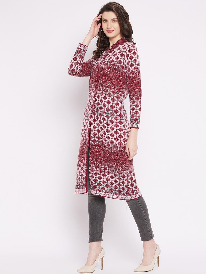 maroon self designed woolen cardigan - 20507108 -  Standard Image - 1