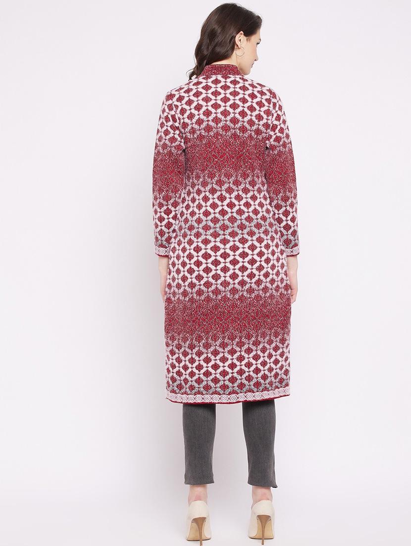 maroon self designed woolen cardigan - 20507108 - Standard Image - 4