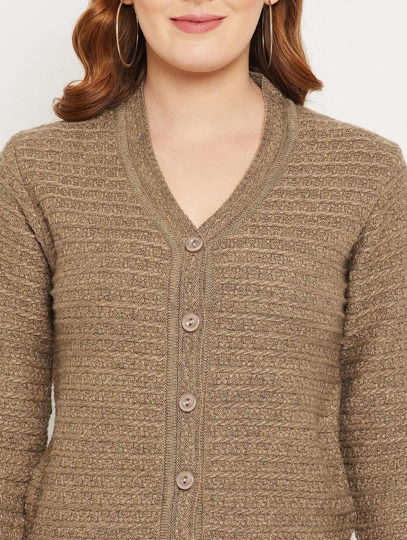 brown self designed woolen cardigan - 20507114 - Standard Image - 4