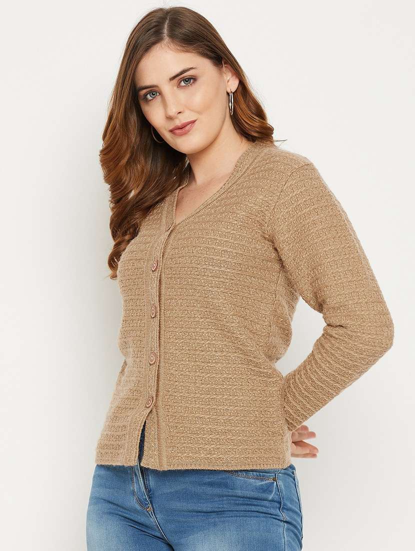 khaki self designed woolen cardigan - 20507120 -  Standard Image - 1