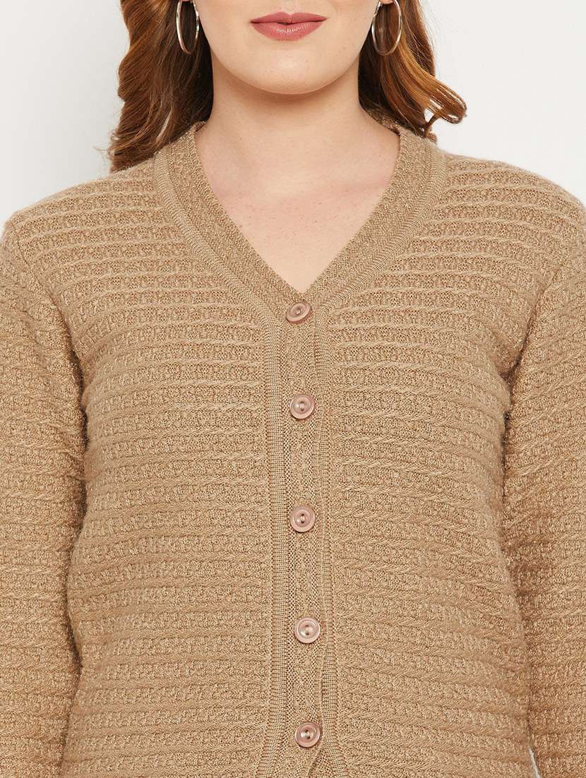 khaki self designed woolen cardigan - 20507120 - Standard Image - 4