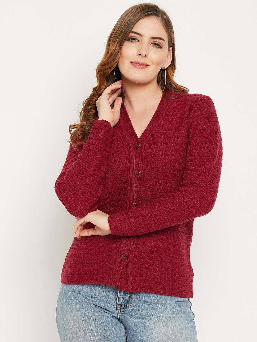 maroon self designed woolen cardigan