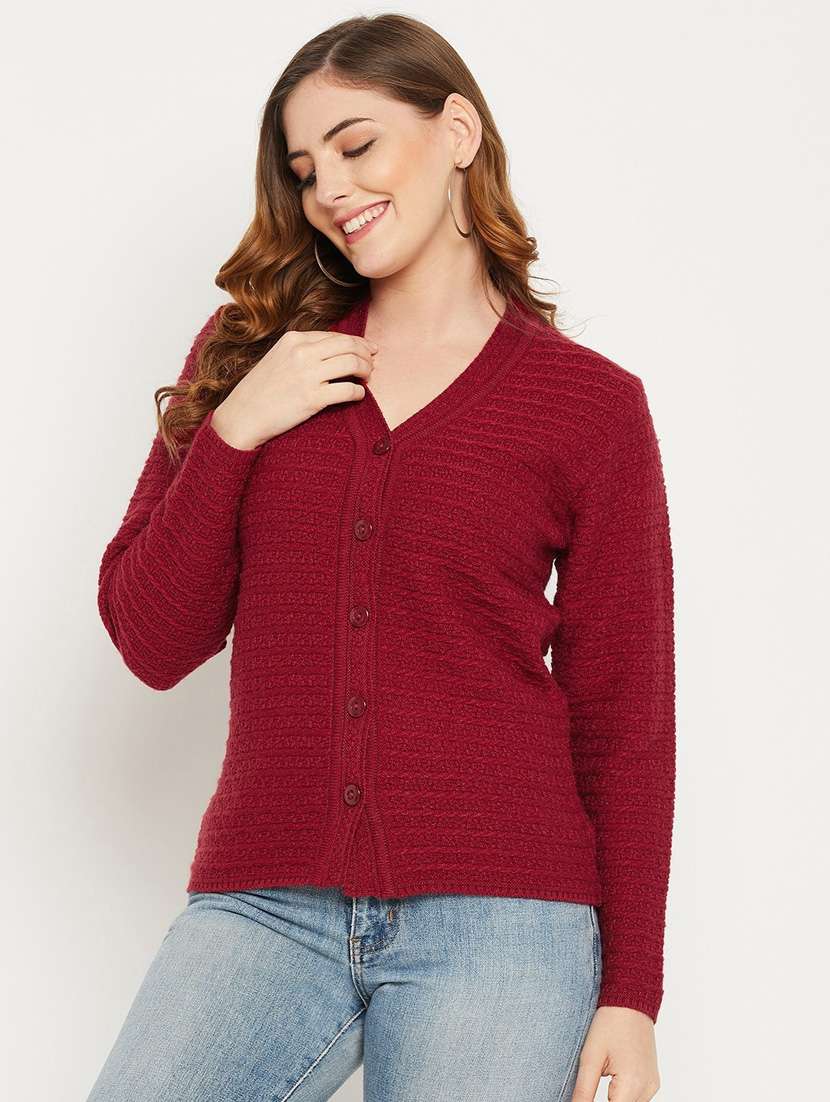 maroon self designed woolen cardigan - 20507122 -  Standard Image - 1
