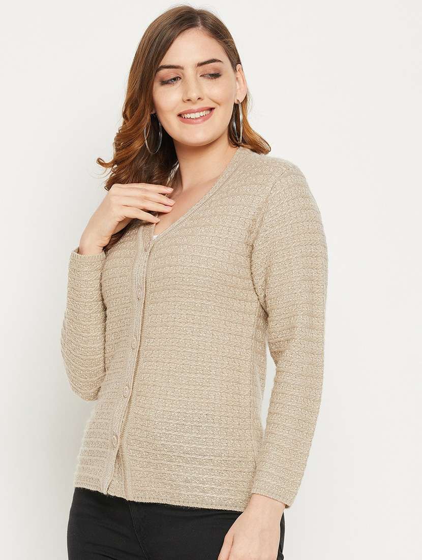 beige self designed woolen cardigan - 20507127 -  Standard Image - 1