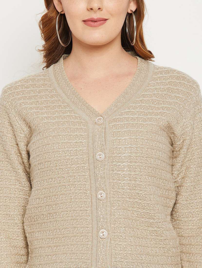 beige self designed woolen cardigan - 20507127 -  Standard Image - 4