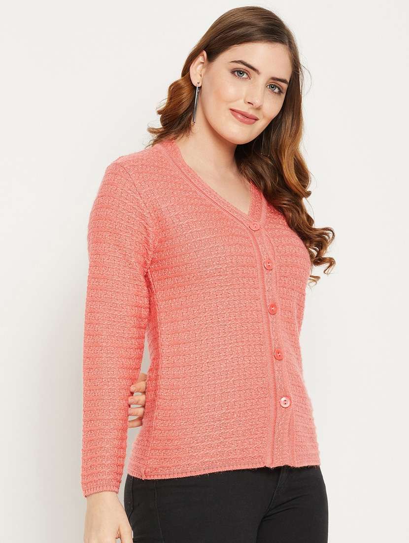 peach self designed woolen cardigan - 20507128 -  Standard Image - 1