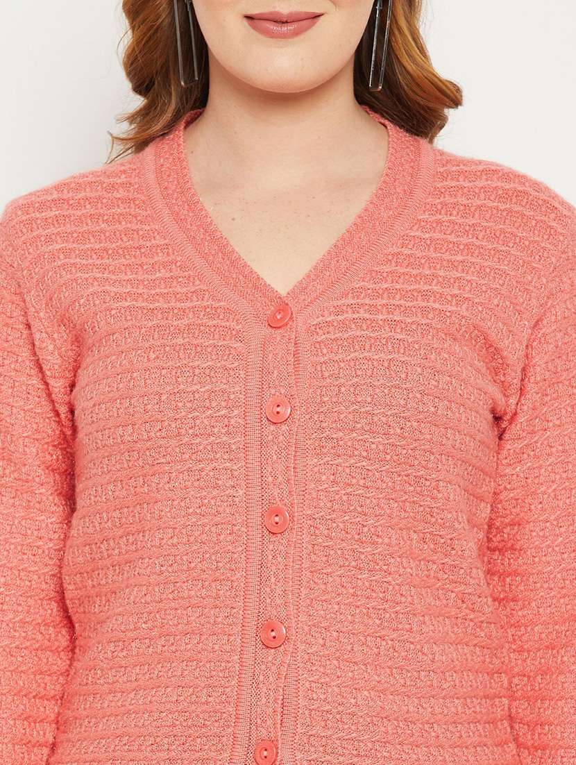 peach self designed woolen cardigan - 20507128 -  Standard Image - 4