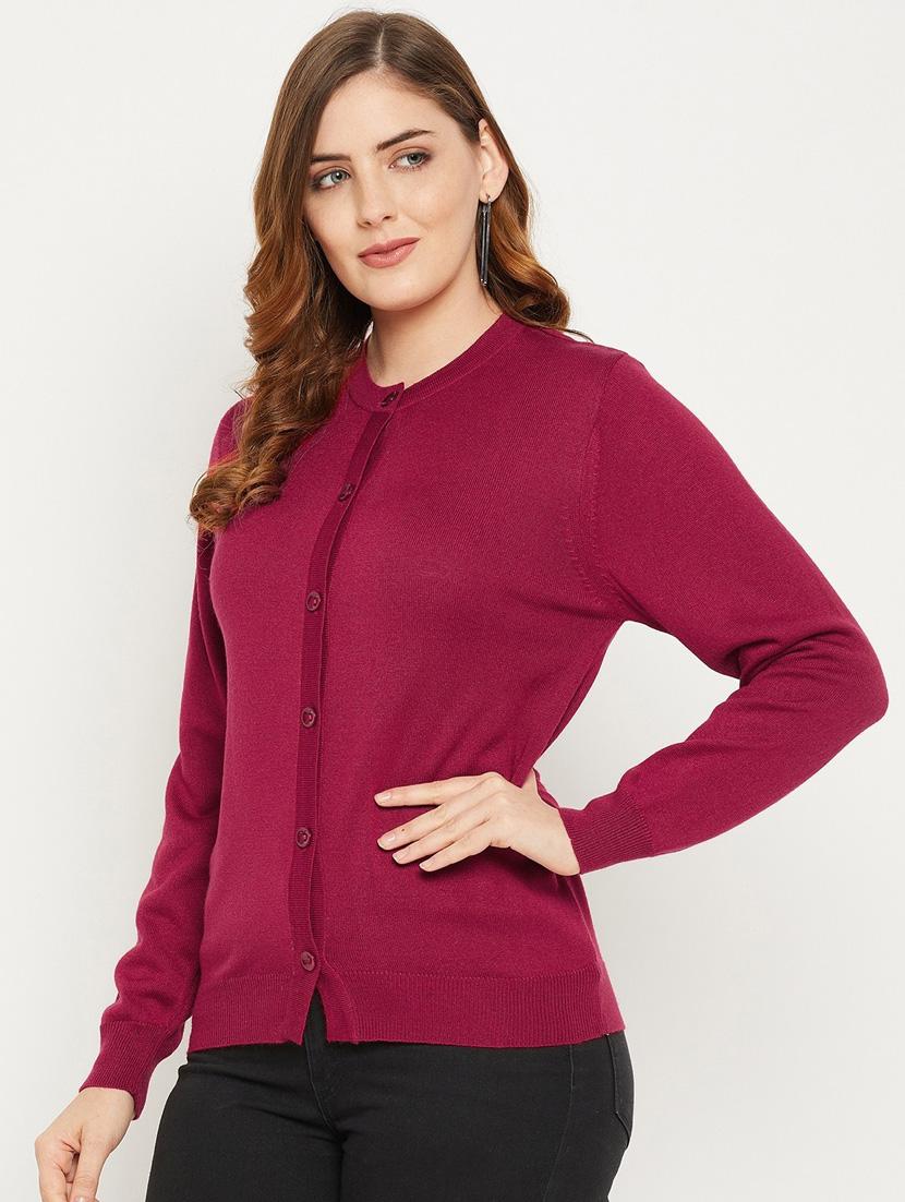 maroon solid woolen cardigan - 20507135 - Standard Image - 1