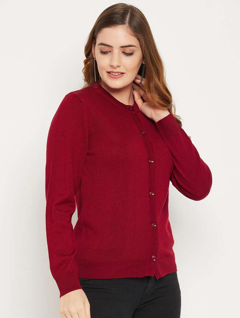 Maroon Solid Woolen Cardigan