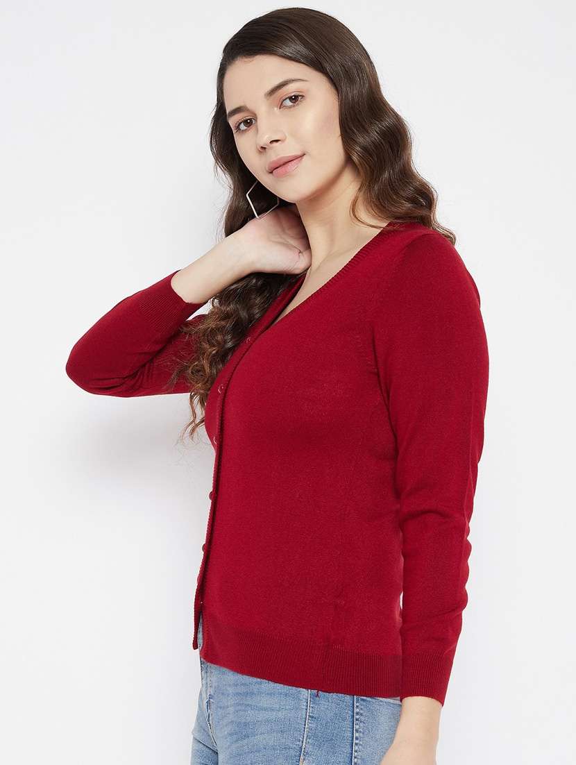 maroon solid woolen cardigan - 20507151 - Standard Image - 1