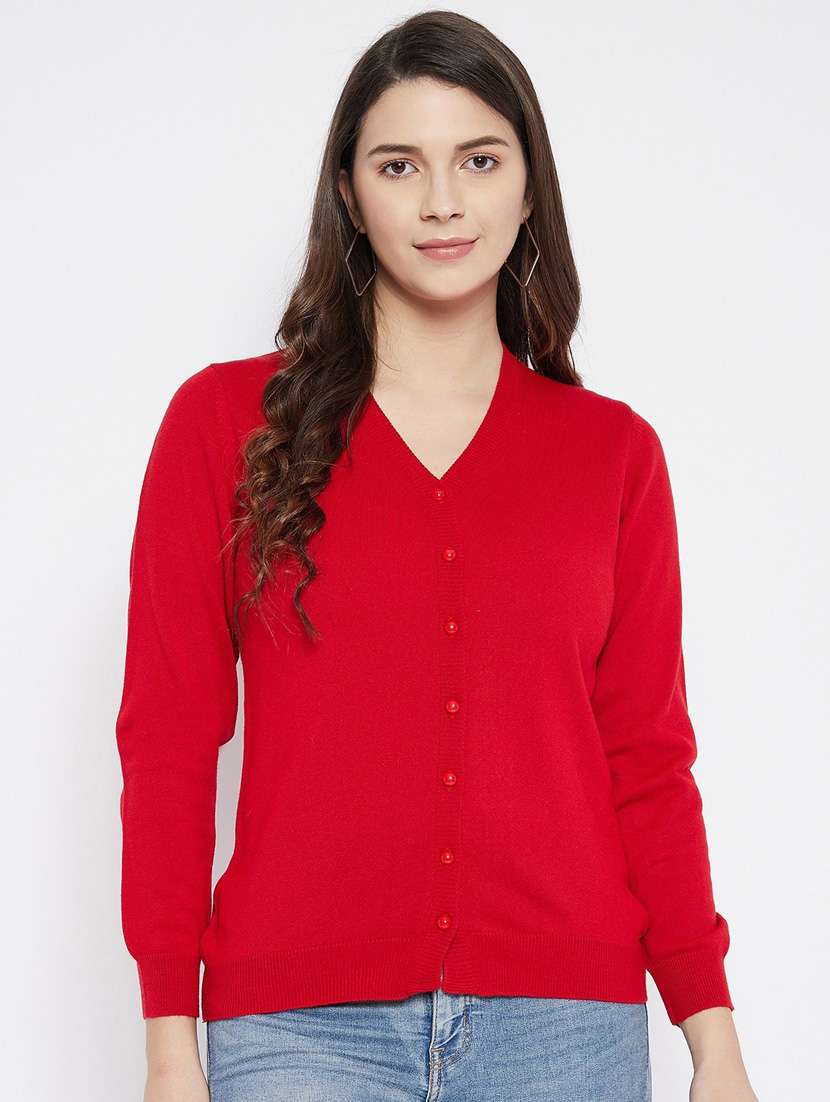 red solid woolen cardigan
