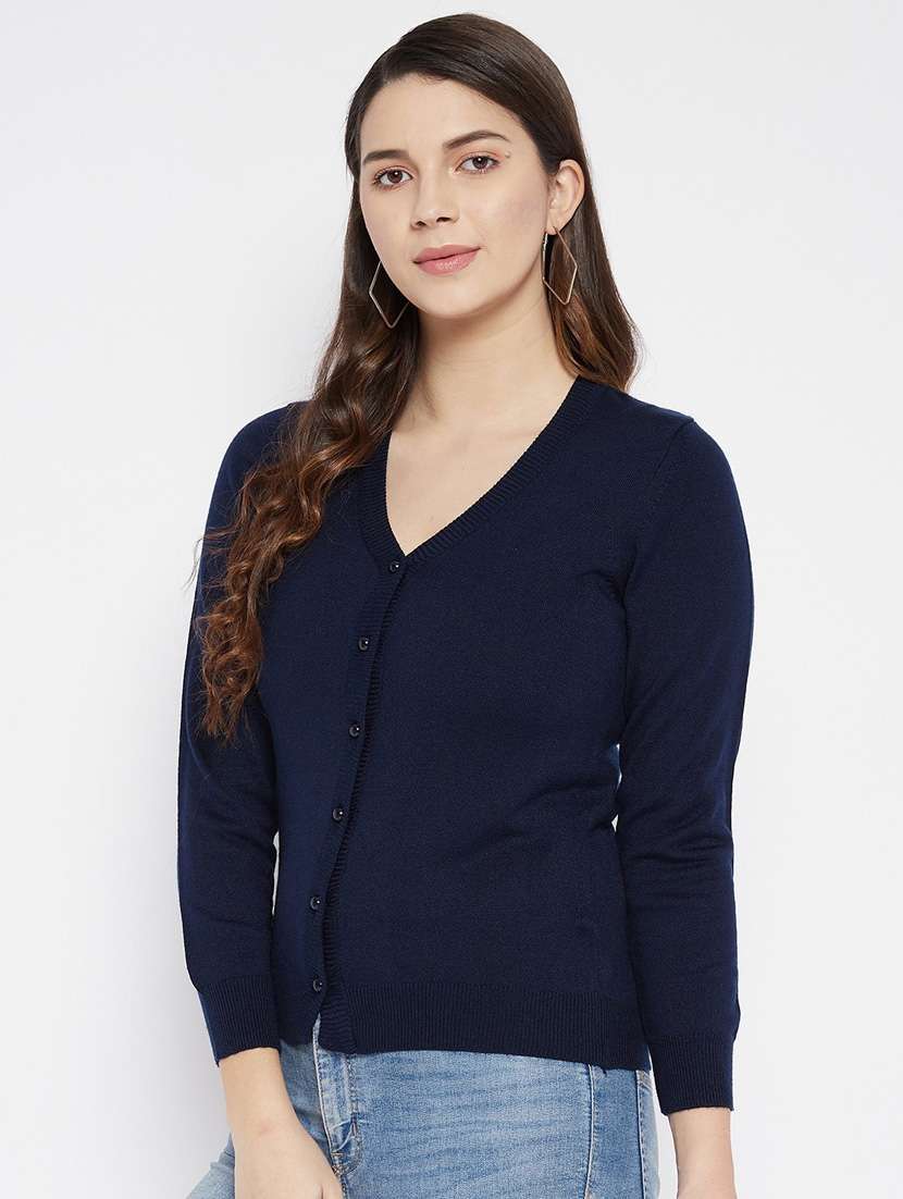 navy blue solid woolen cardigan - 20507157 - Standard Image - 1