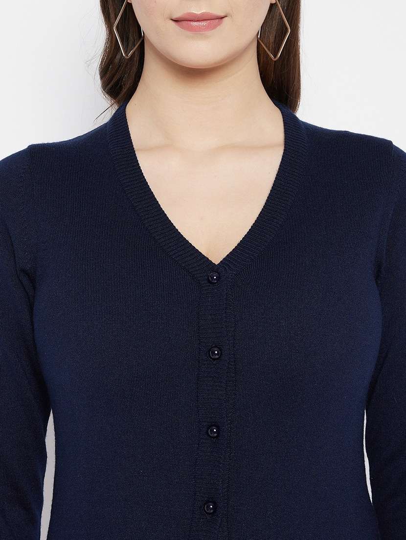 navy blue solid woolen cardigan - 20507157 - Standard Image - 4