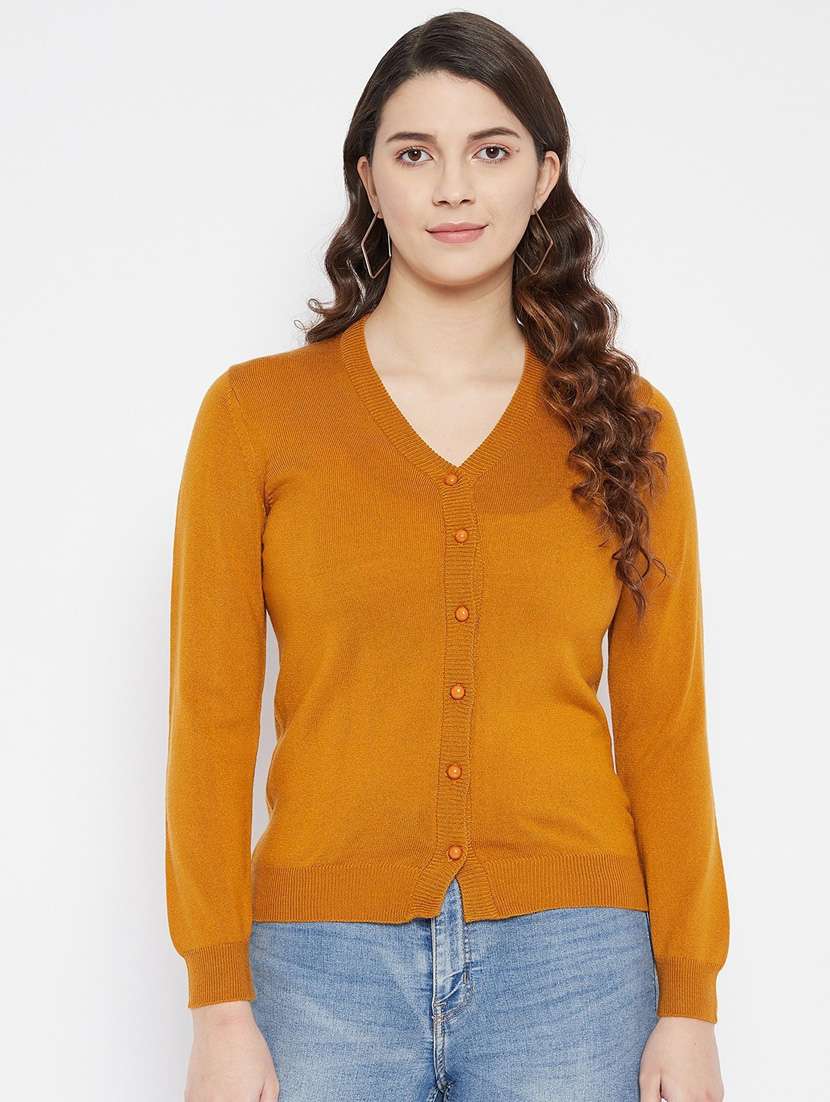 mustard solid woolen cardigan