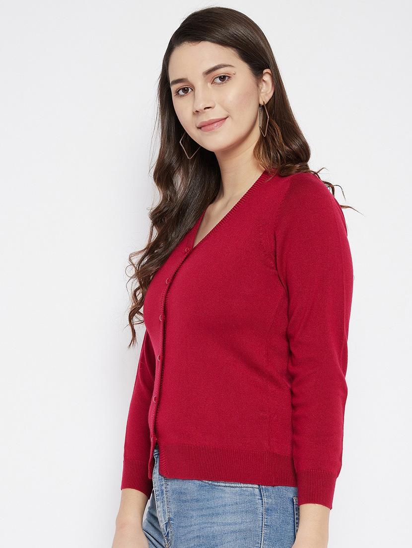 maroon solid woolen cardigan - 20507159 - Standard Image - 1