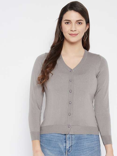 grey solid woolen cardigan