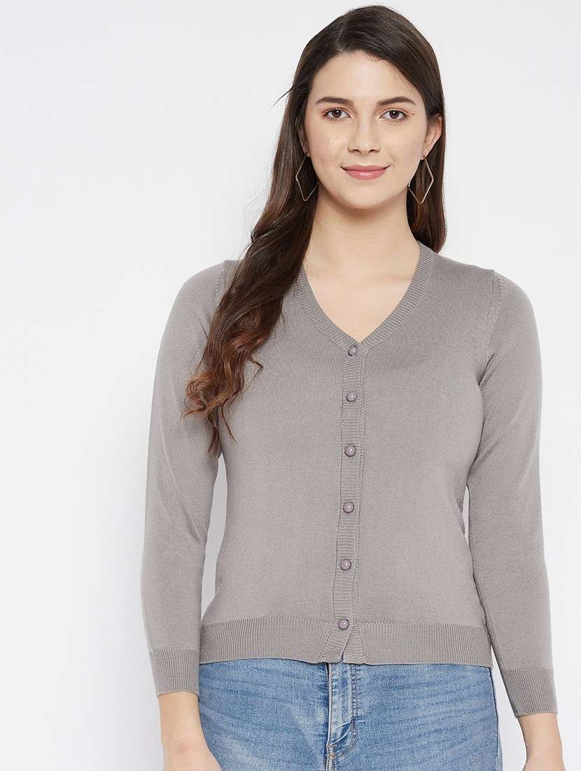 grey solid woolen cardigan