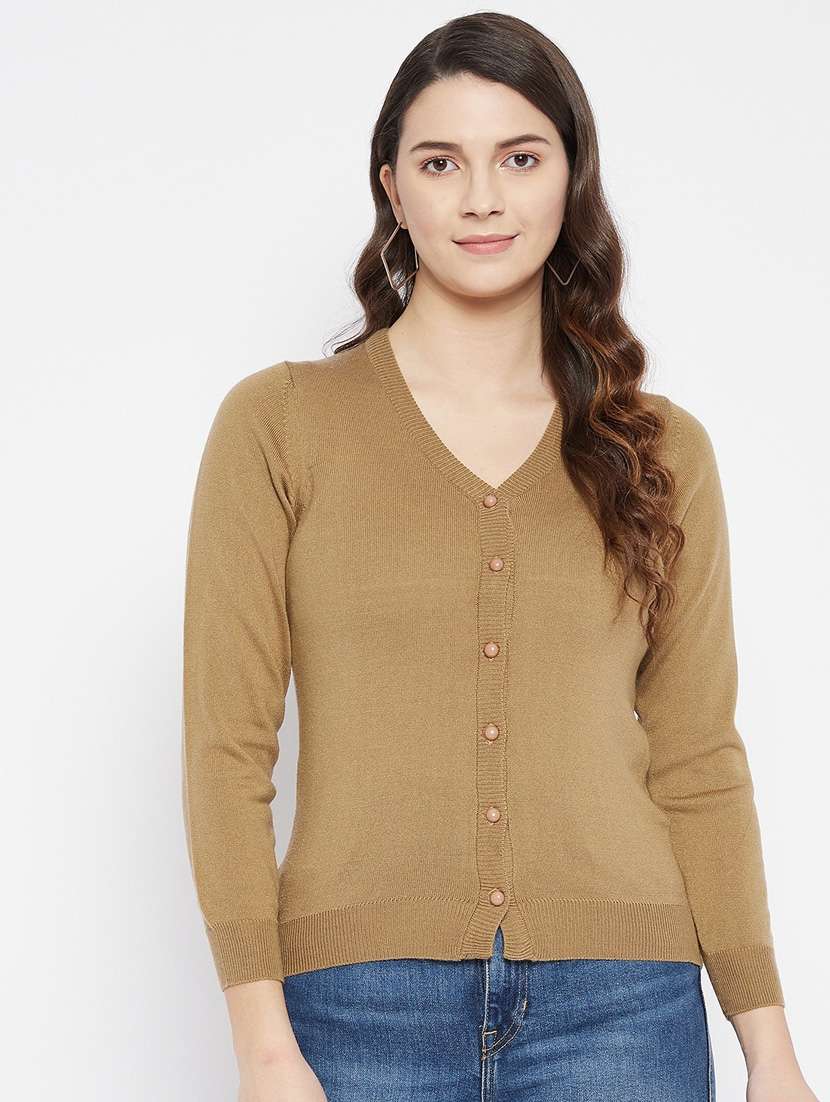 brown solid woolen cardigan