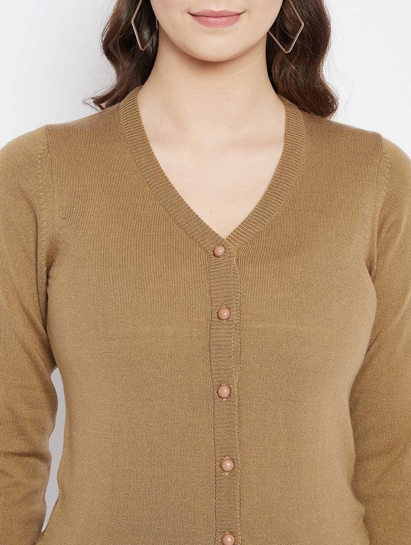 brown solid woolen cardigan - 20507161 - Standard Image - 4