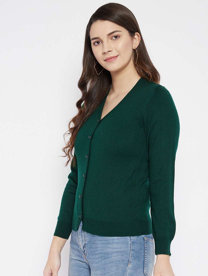 green solid woolen cardigan - 20507162 -  Standard Image - 1