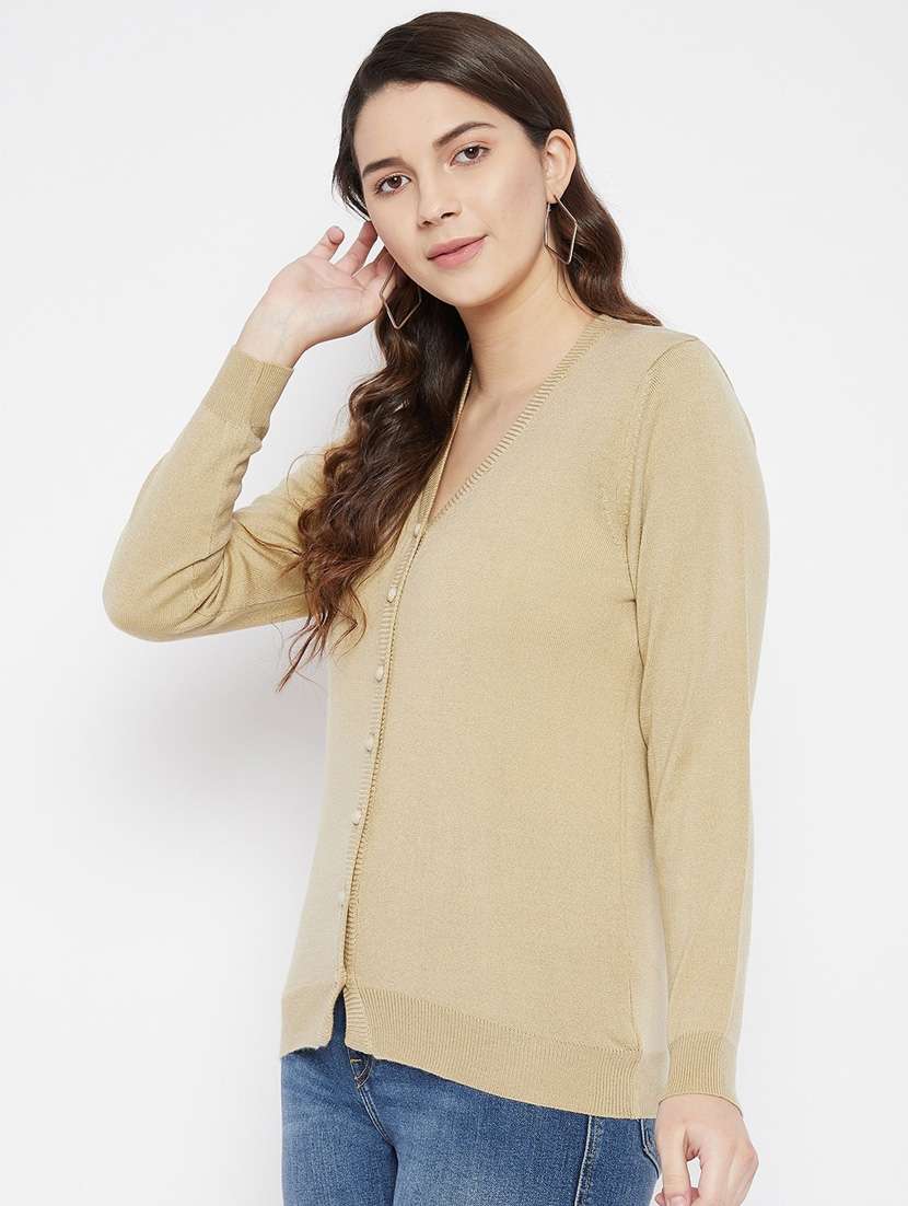 beige solid woolen cardigan - 20507164 -  Standard Image - 1