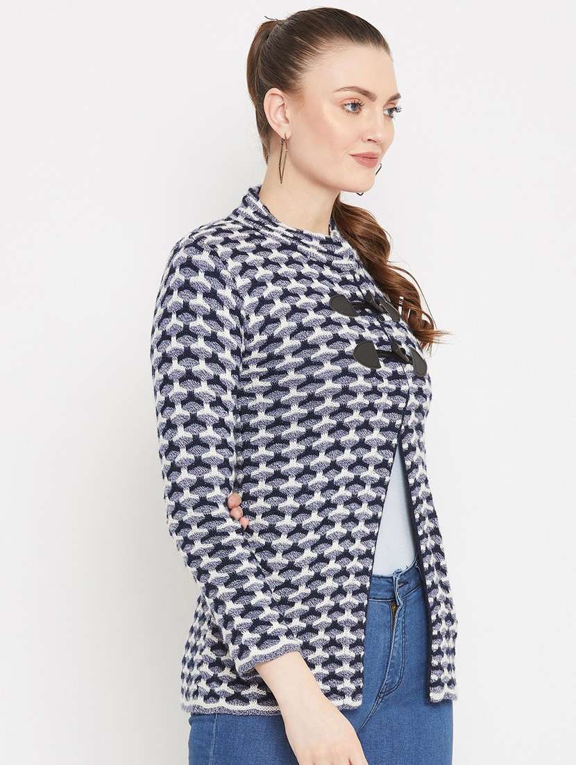 navy blue self designed woolen cardigan - 20507170 - Standard Image - 1