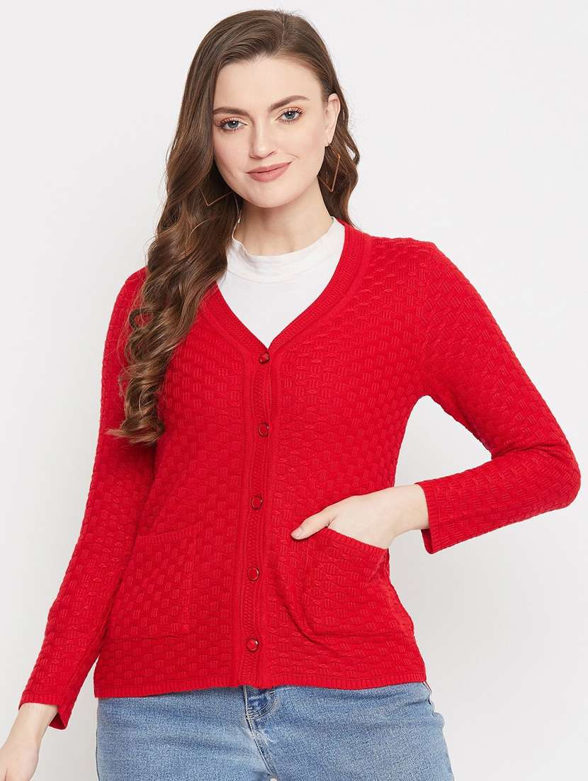 red self designed woolen cardigan