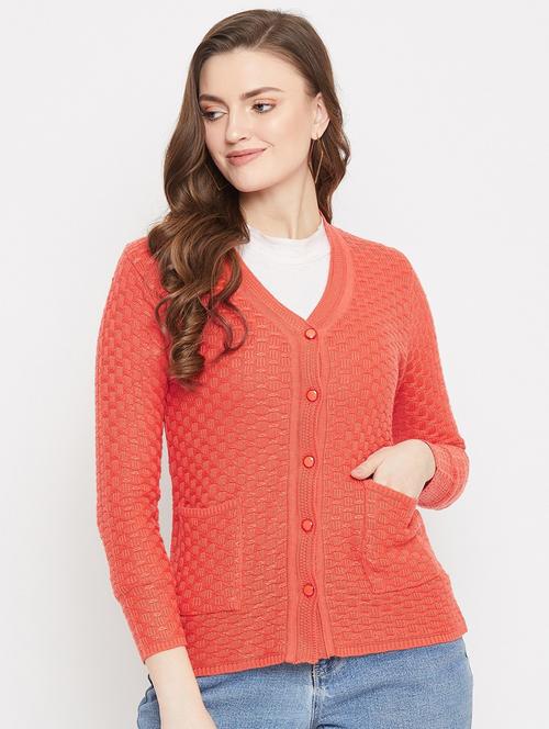 orange self designed woolen cardigan - 20507173 - Standard Image - 0