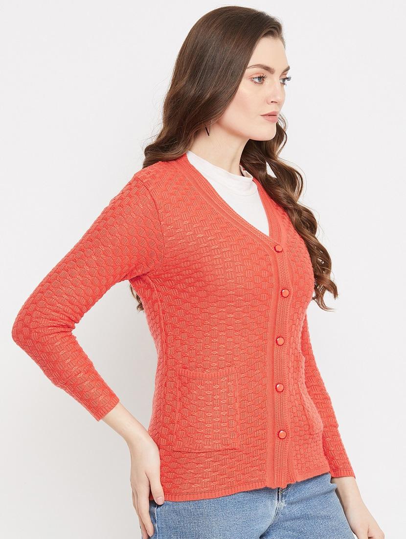 orange self designed woolen cardigan - 20507173 - Standard Image - 1
