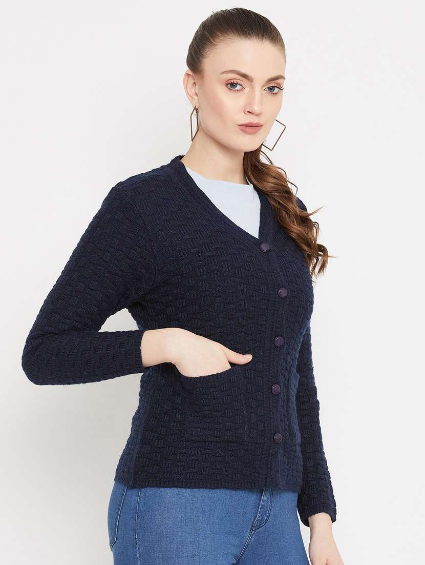 navy blue self designed woolen cardigan - 20507174 -  Standard Image - 1
