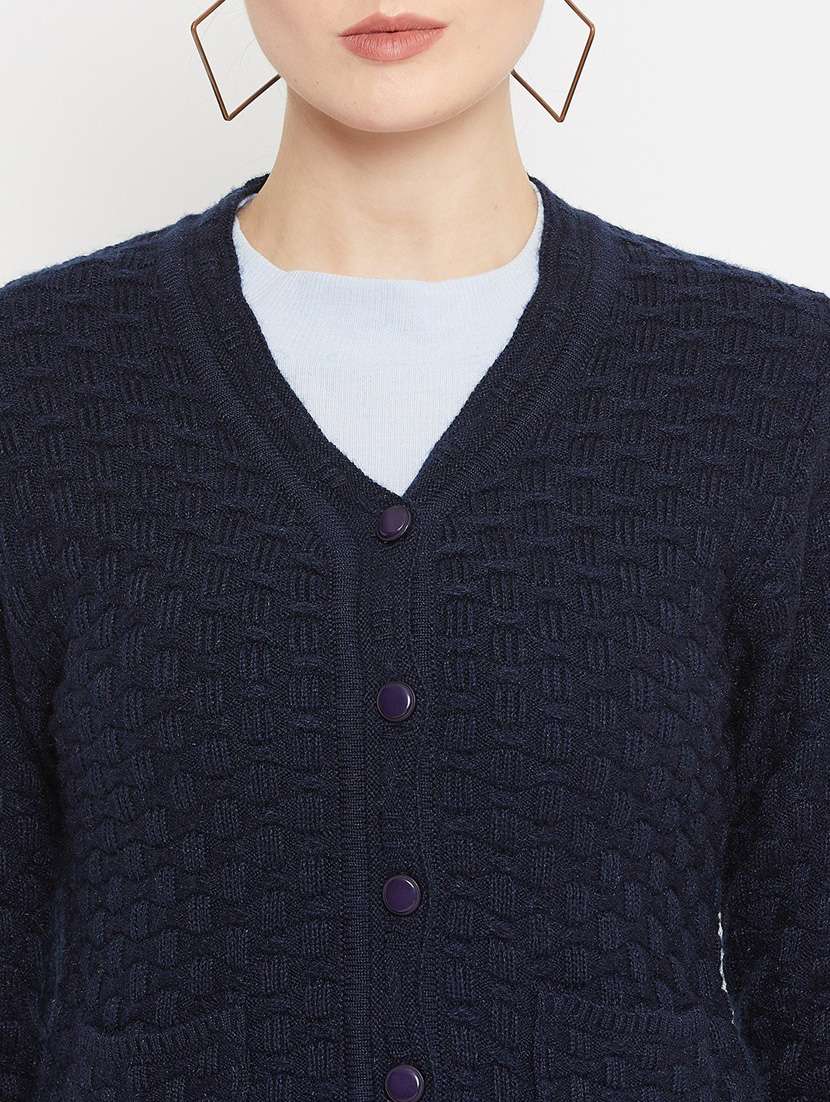 navy blue self designed woolen cardigan - 20507174 -  Standard Image - 4