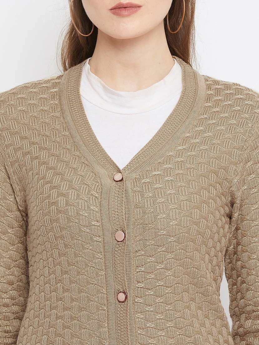 beige self designed woolen cardigan - 20507176 - Standard Image - 4