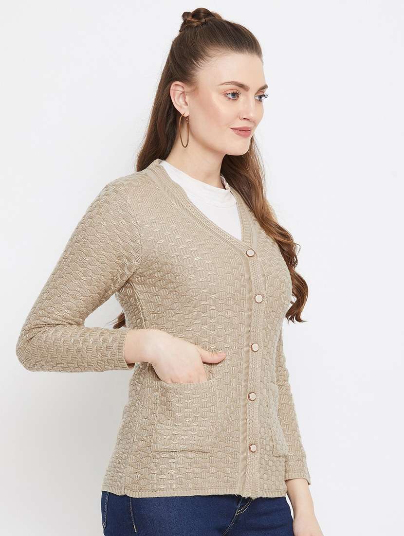 beige self designed woolen cardigan - 20507180 -  Standard Image - 1