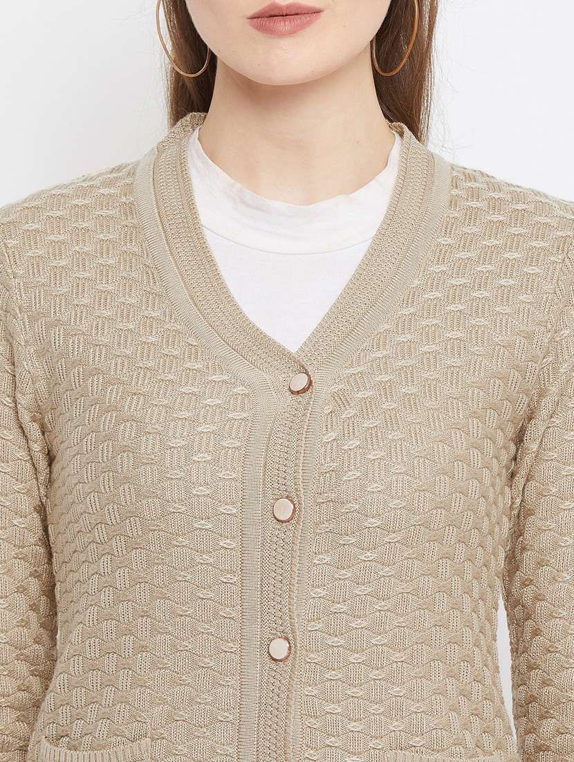 beige self designed woolen cardigan - 20507180 -  Standard Image - 4