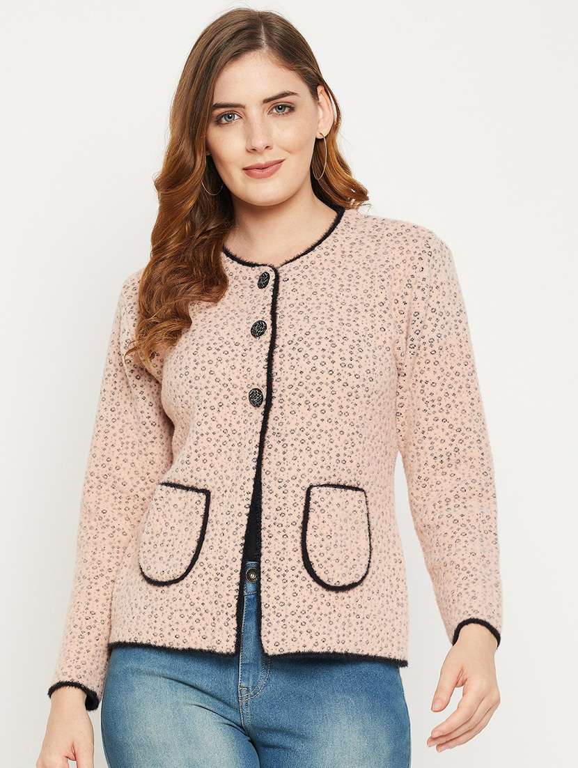 peach self designed woolen cardigan