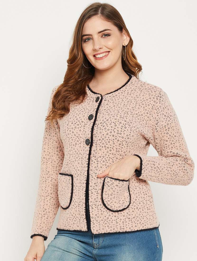 peach self designed woolen cardigan - 20507195 -  Standard Image - 1