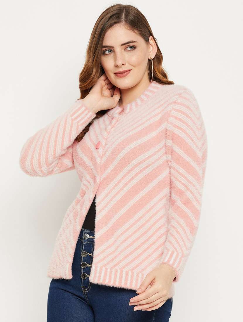 peach self designed woolen cardigan - 20507200 - Standard Image - 1