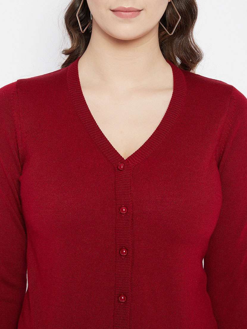 maroon solid woolen cardigan - 20507244 - Standard Image - 4