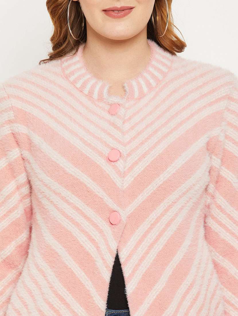 peach self designed woolen cardigan - 20507255 - Standard Image - 4