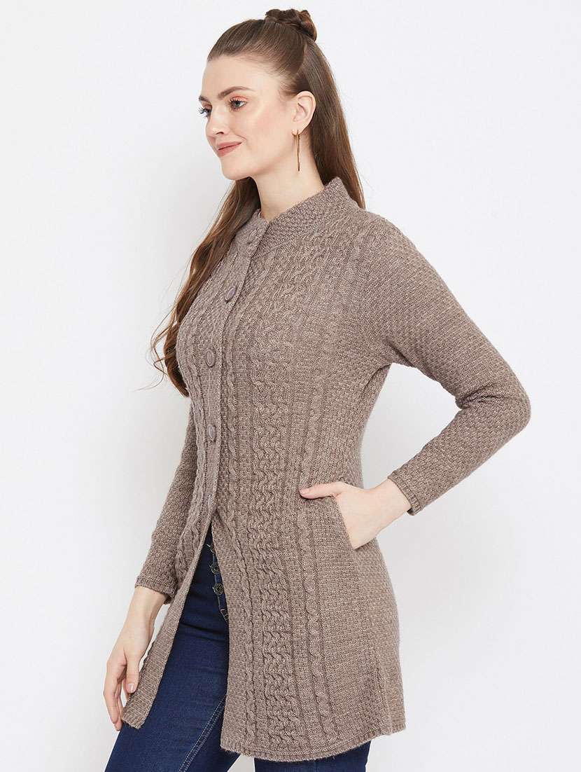beige self designed woolen cardigan - 20507258 -  Standard Image - 1