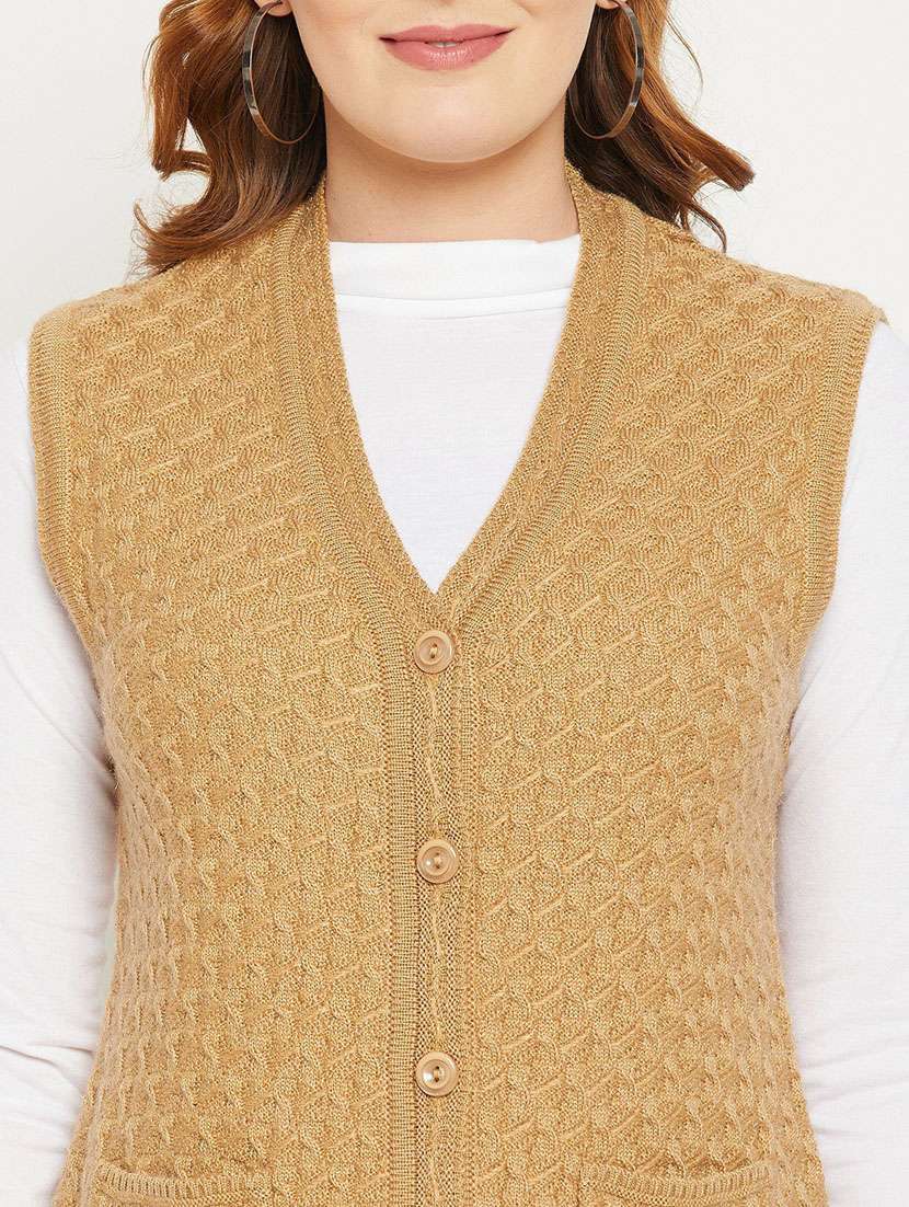 khaki self designed woolen cardigan - 20507262 - Standard Image - 4