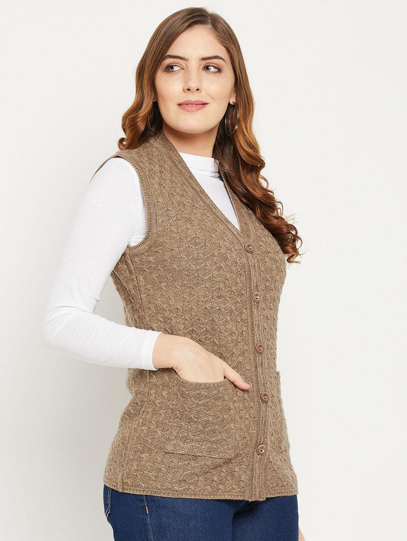 brown self designed woolen cardigan - 20507264 - Standard Image - 1