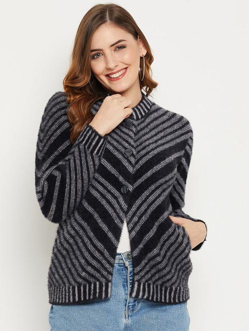 black self designed woolen cardigan - 20507265 - Standard Image - 0