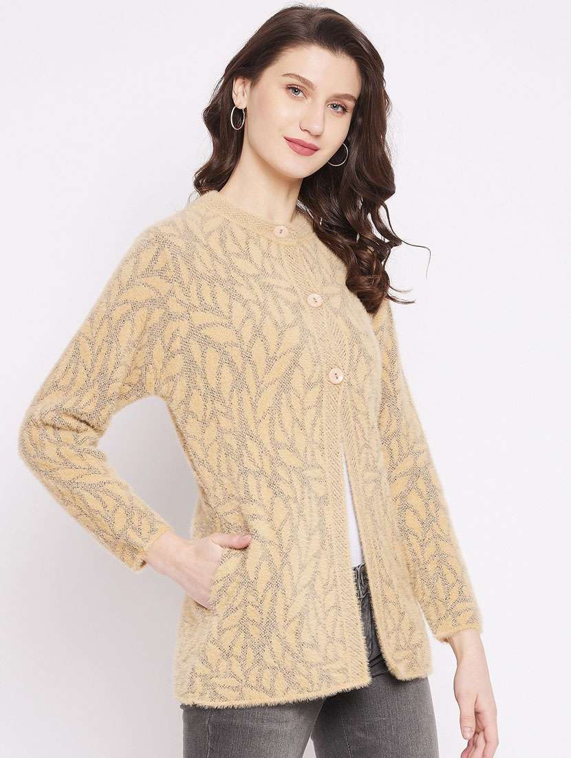 beige self designed woolen cardigan - 20507267 -  Standard Image - 1