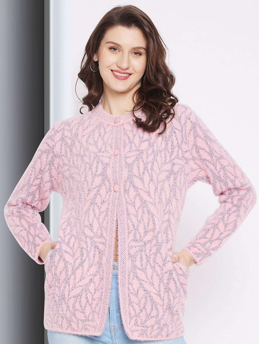 pink self designed woolen cardigan