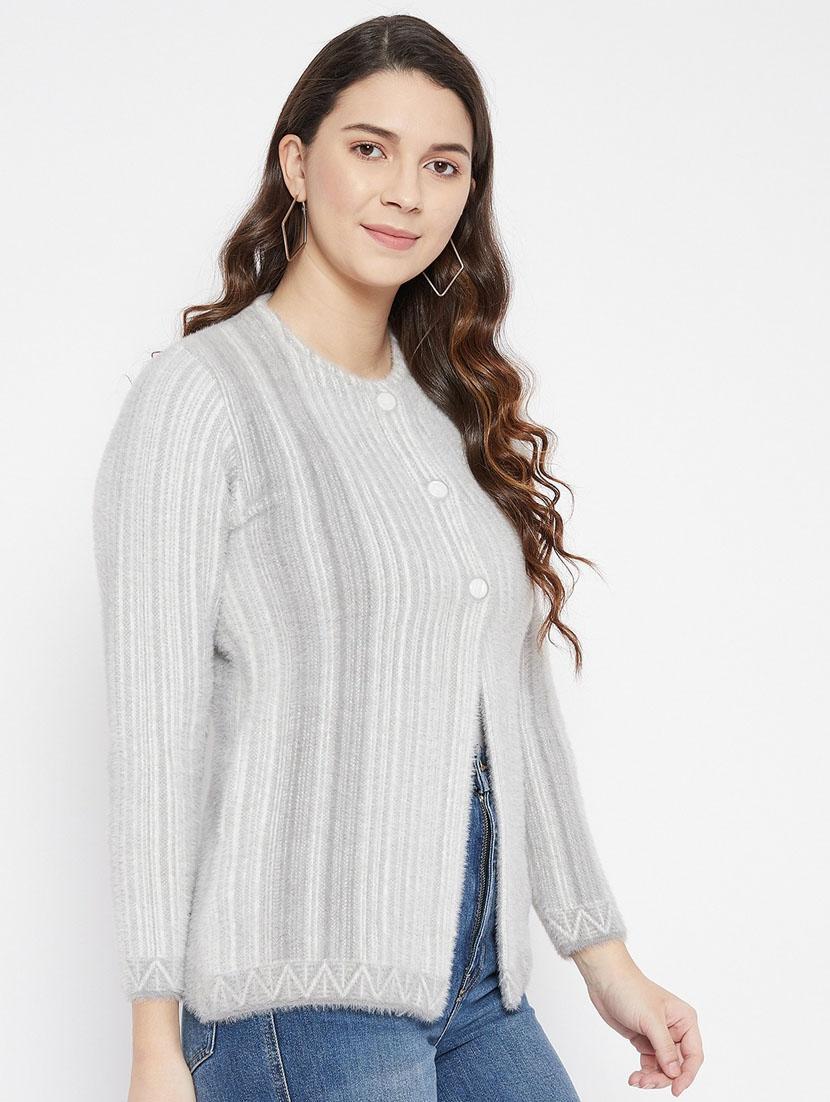 grey self designed woolen cardigan - 20507272 - Standard Image - 1