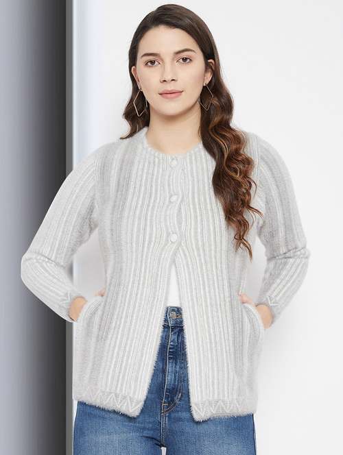 grey self designed woolen cardigan - 20507273 -  Standard Image - 0