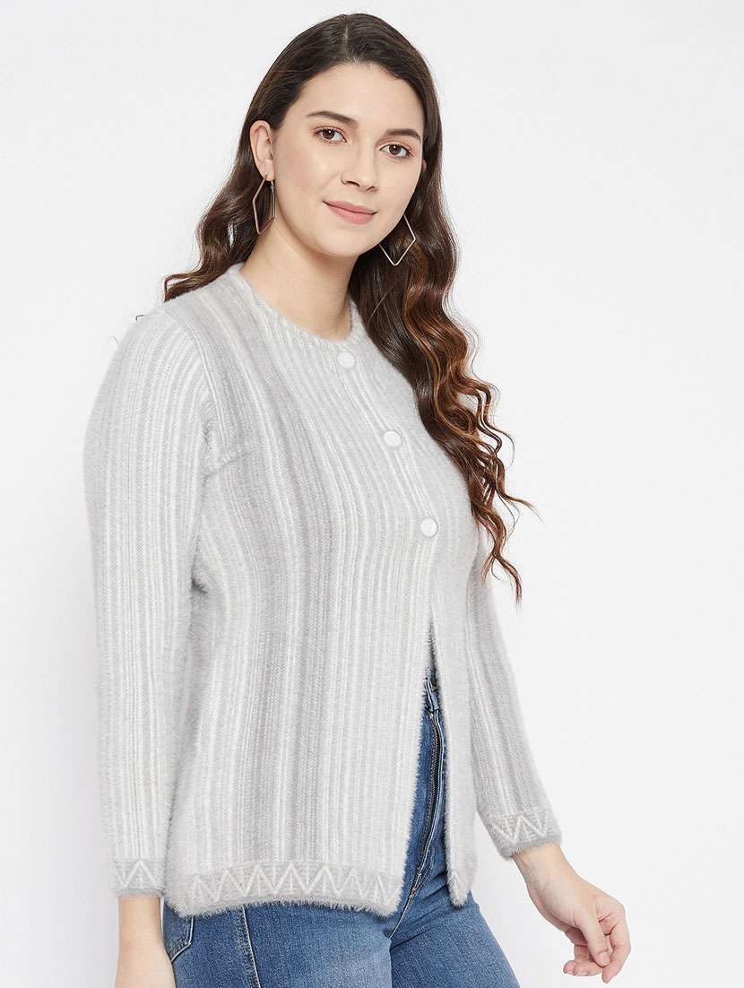 grey self designed woolen cardigan - 20507273 - Standard Image - 1