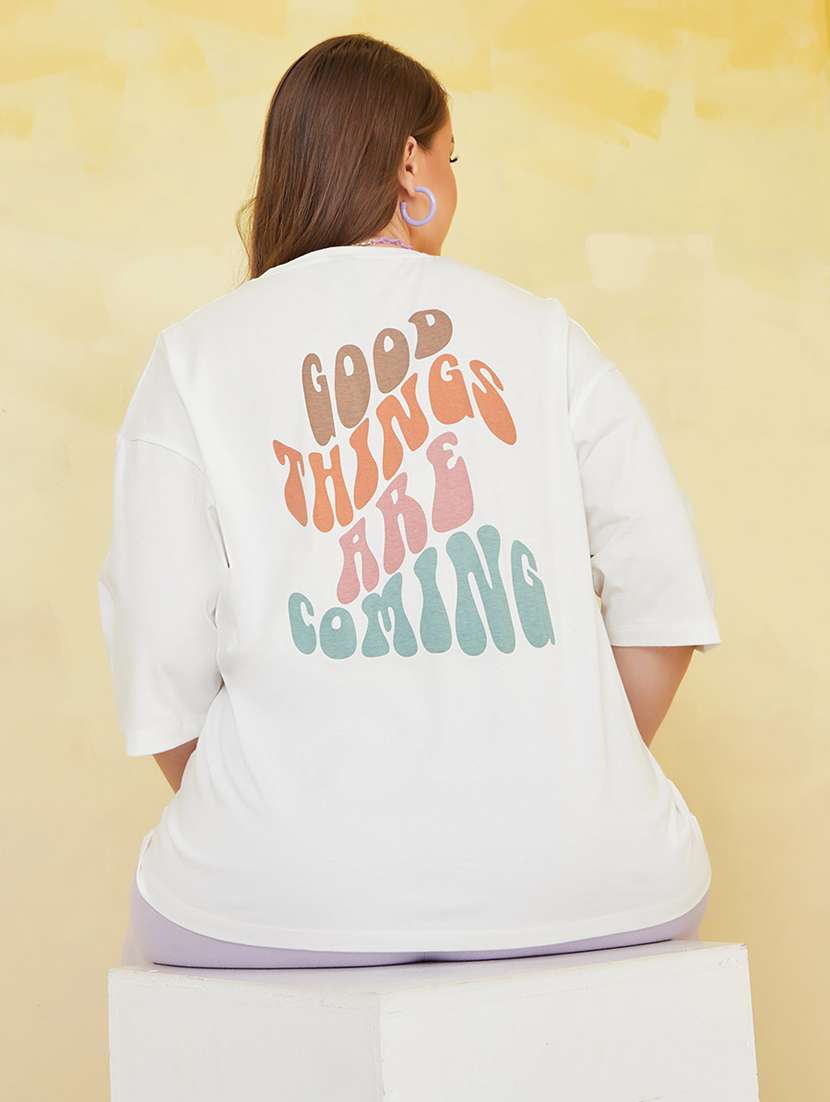 women typography printed beige cotton oversized t-shirt - 20508344 -  Standard Image - 1