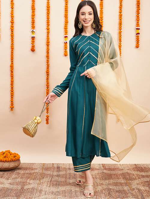 women teal round neck kurta palazzo set with dupatta - 20508711 -  Standard Image - 0